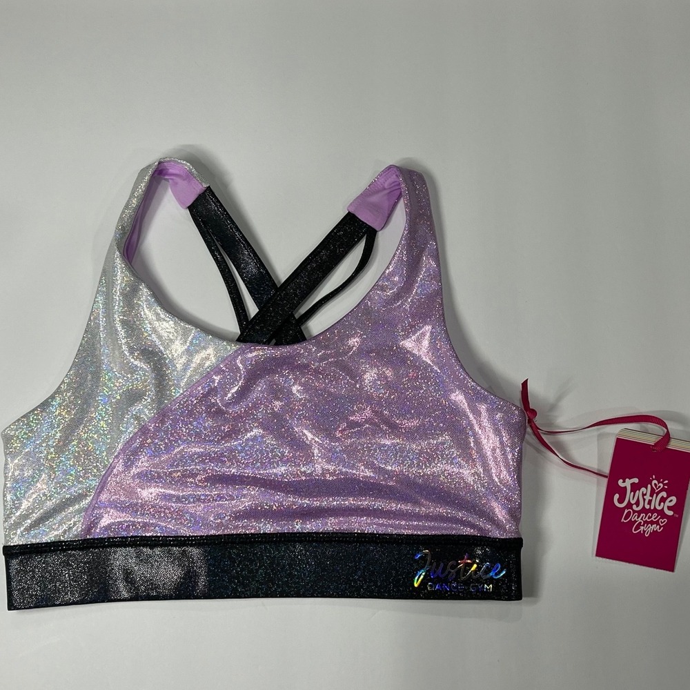 Justice Girls XL 16/18 Iridescent Colorblock Sports Bra Purple Silver JSZW2 New